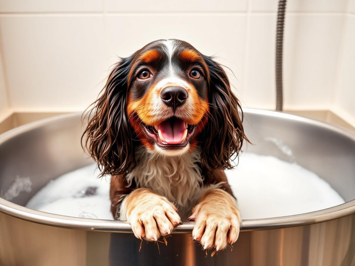 Happy cocker spaniel enjoying a warm bath in a mobile dog grooming van tub